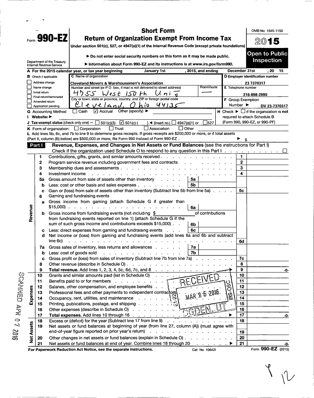 Image of first page of 2015 Form 990EO for Cleveland Movers and Warehousemens Association