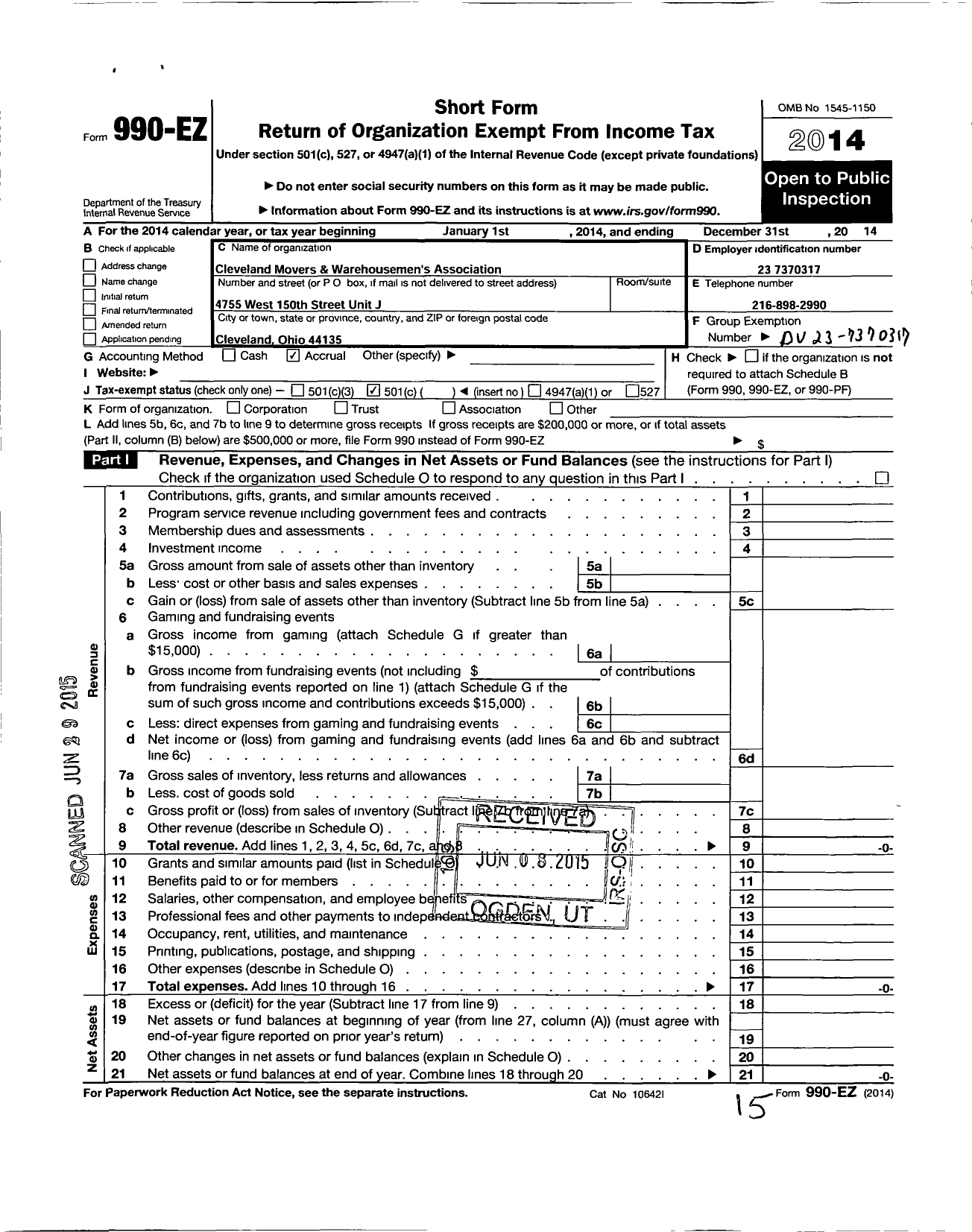 Image of first page of 2014 Form 990EO for Cleveland Movers and Warehousemens Association