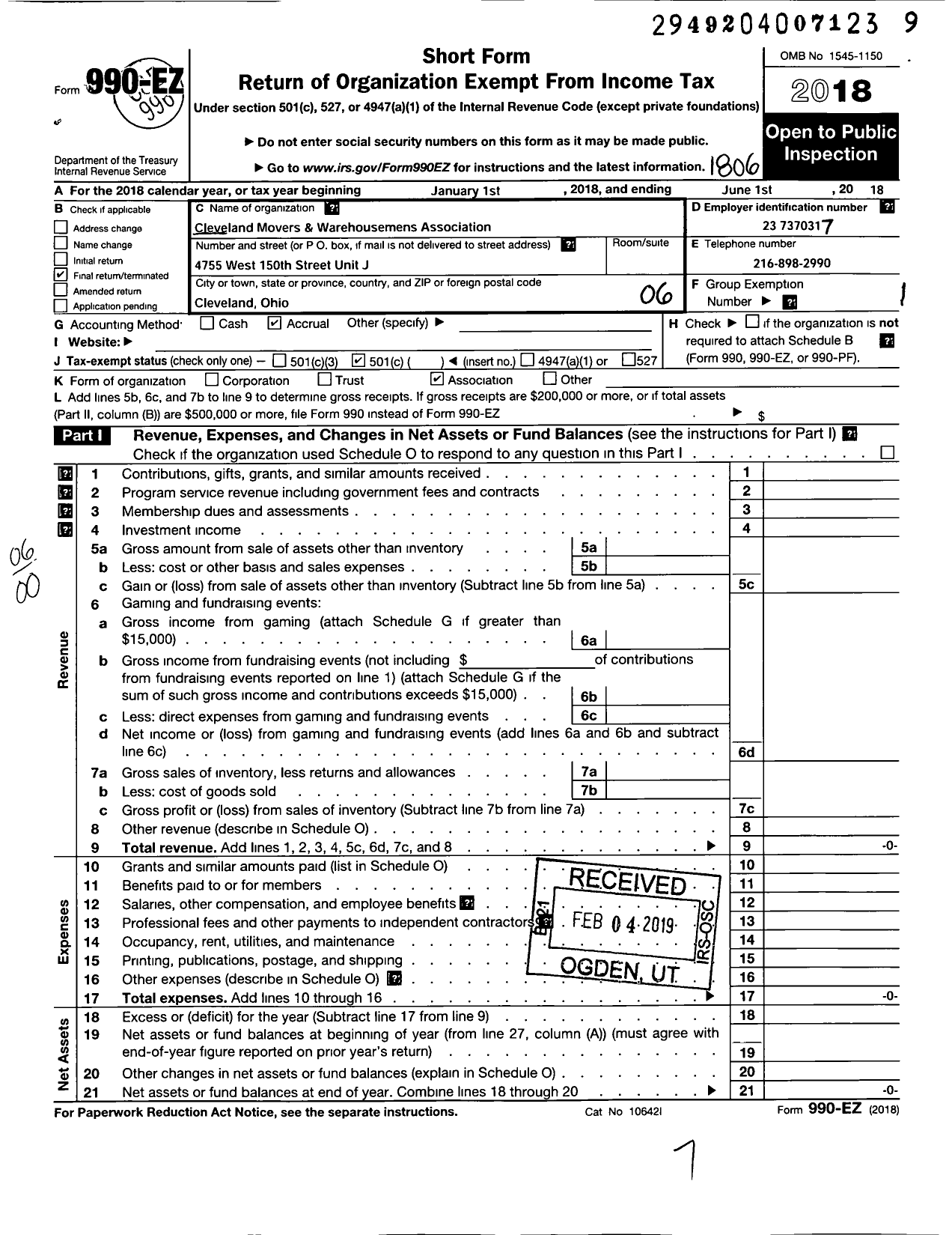 Image of first page of 2017 Form 990EO for Cleveland Movers and Warehousemens Association