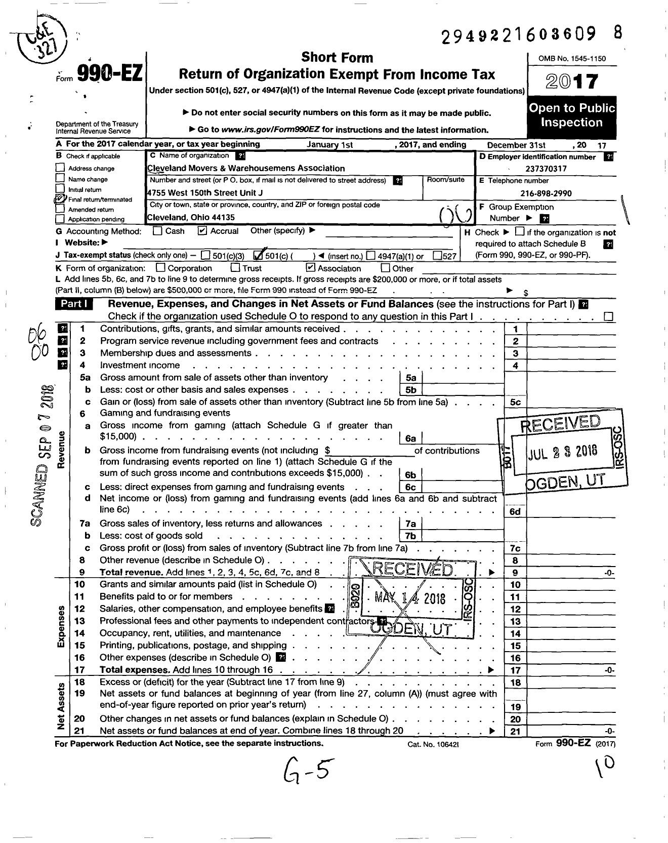 Image of first page of 2017 Form 990EO for Cleveland Movers and Warehousemens Association