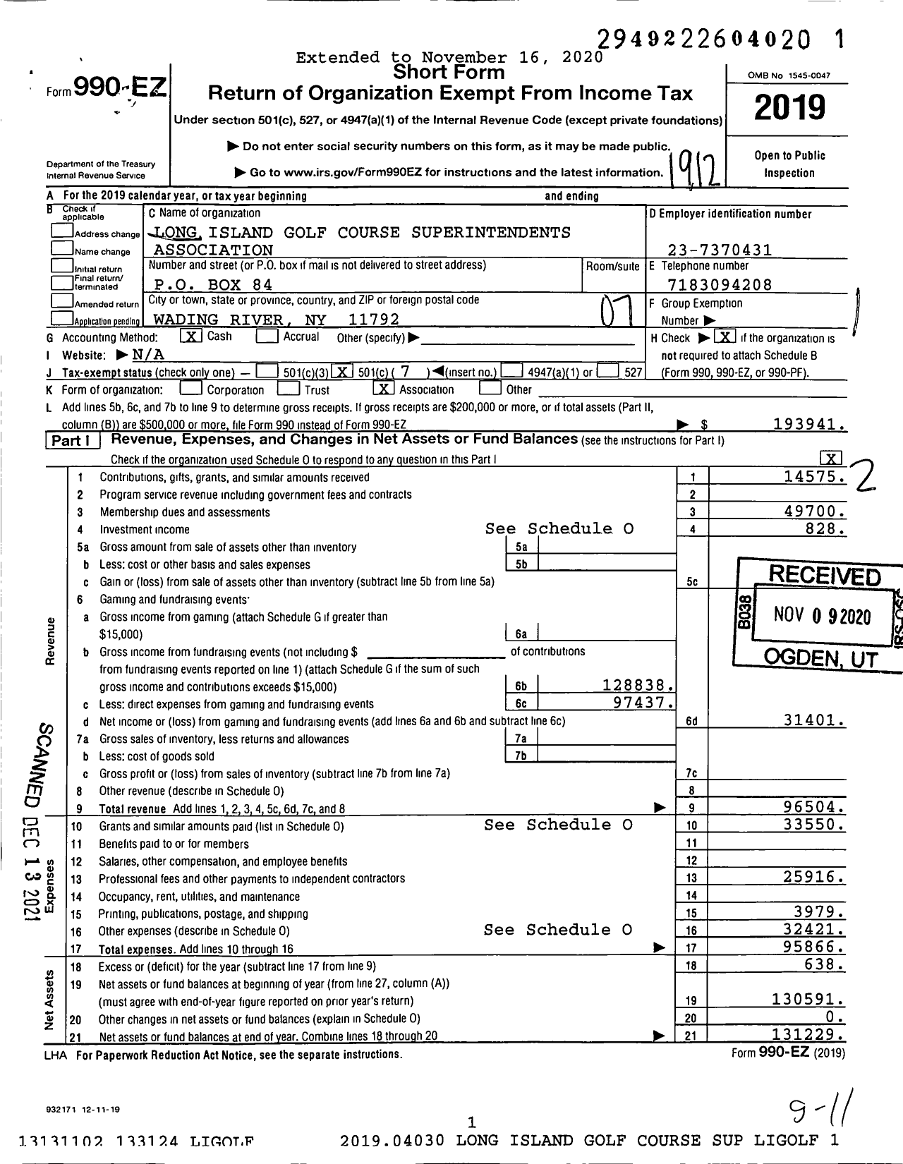 Image of first page of 2019 Form 990EO for Long Island Golf Course Superintendents