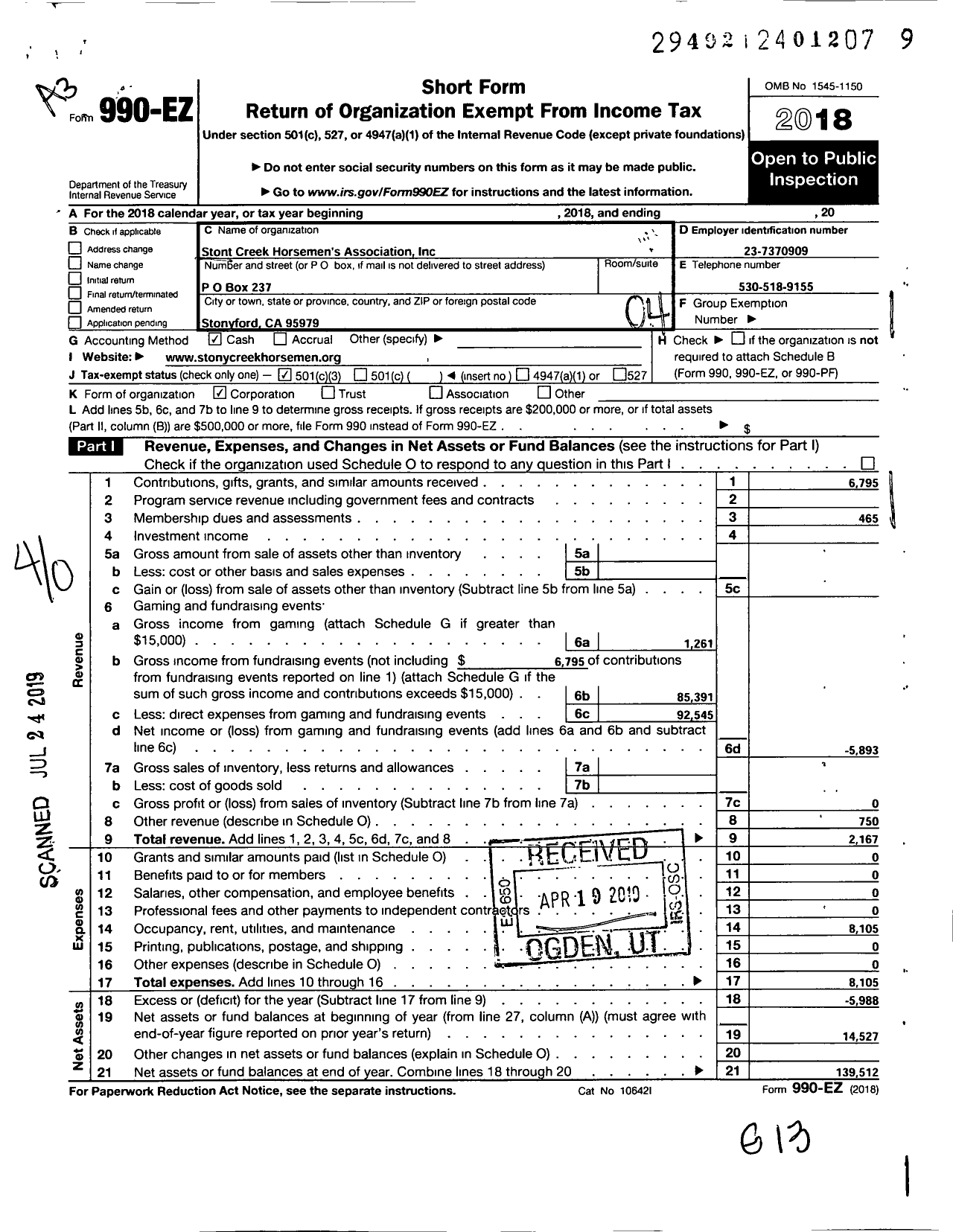 Image of first page of 2018 Form 990EO for Stony Creek Horseman's Association