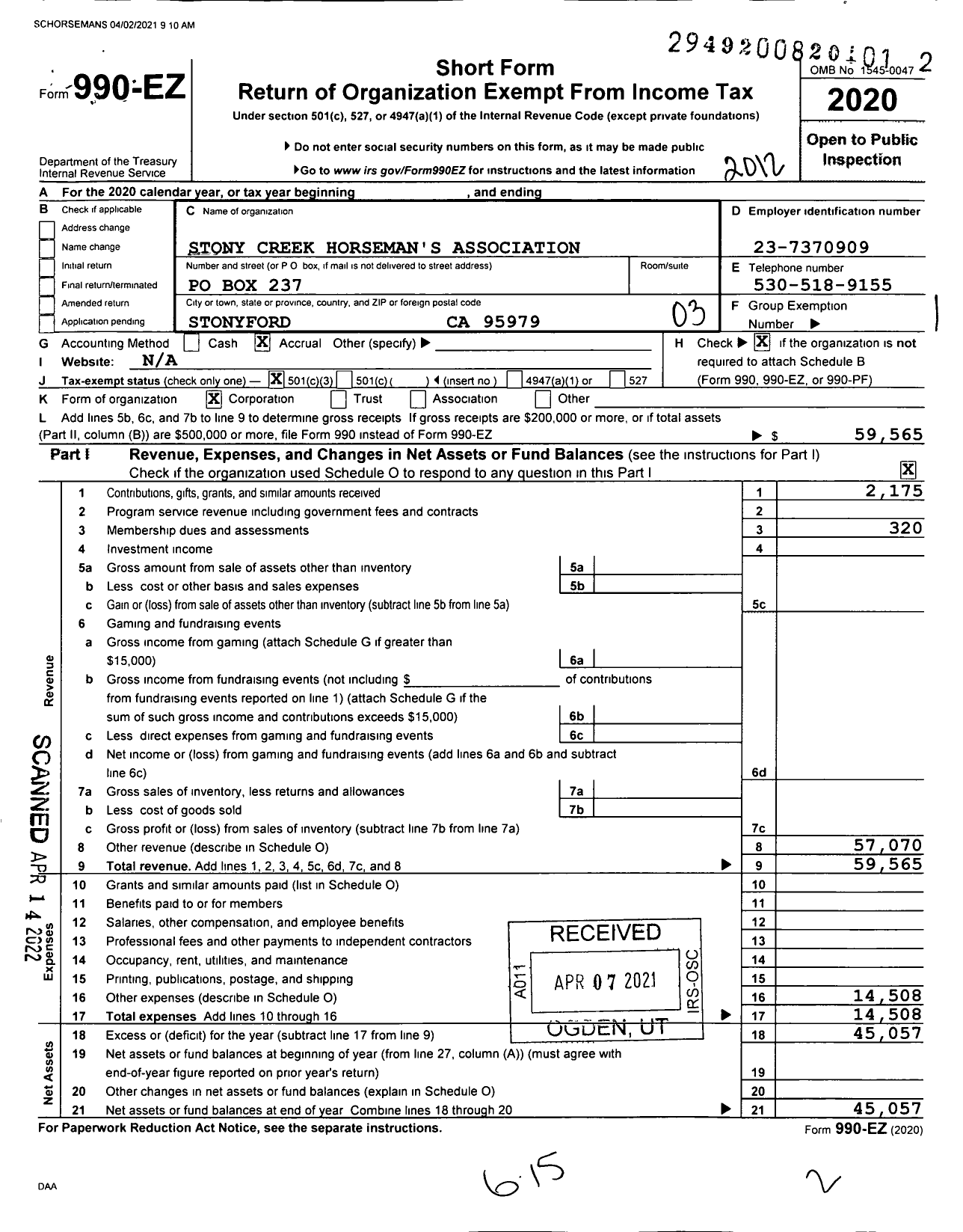 Image of first page of 2020 Form 990EZ for Stony Creek Horseman's Association