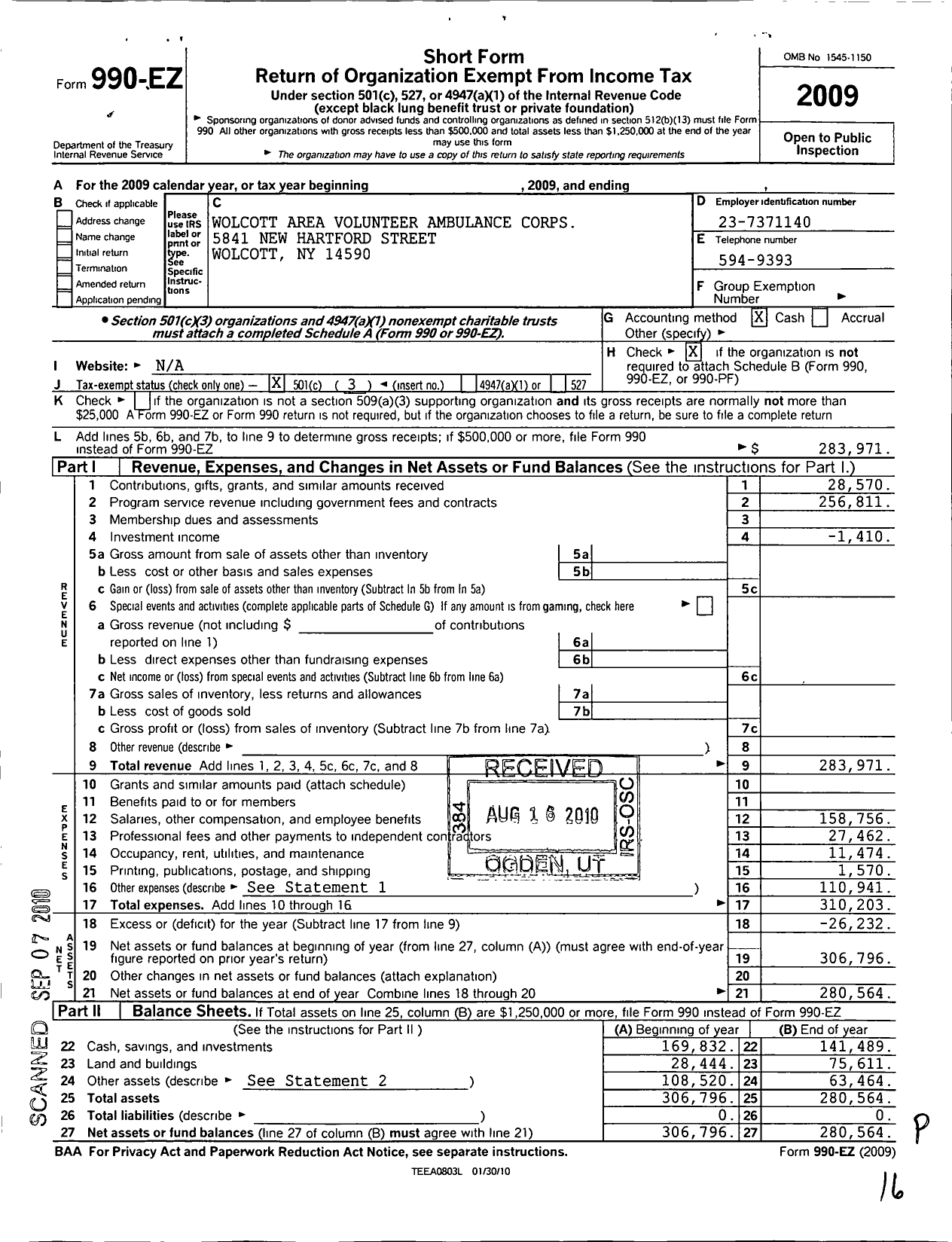 Image of first page of 2009 Form 990EZ for Wolcott Area Volunteer Ambulance Corps