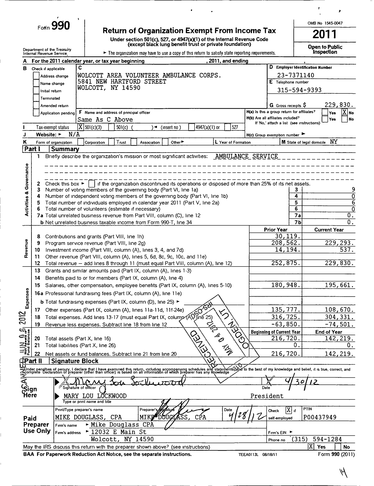 Image of first page of 2011 Form 990 for Wolcott Area Volunteer Ambulance Corps