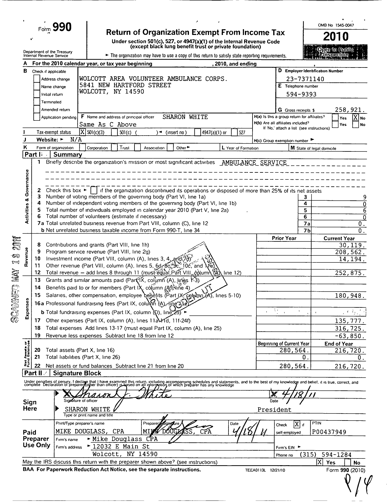 Image of first page of 2010 Form 990 for Wolcott Area Volunteer Ambulance Corps