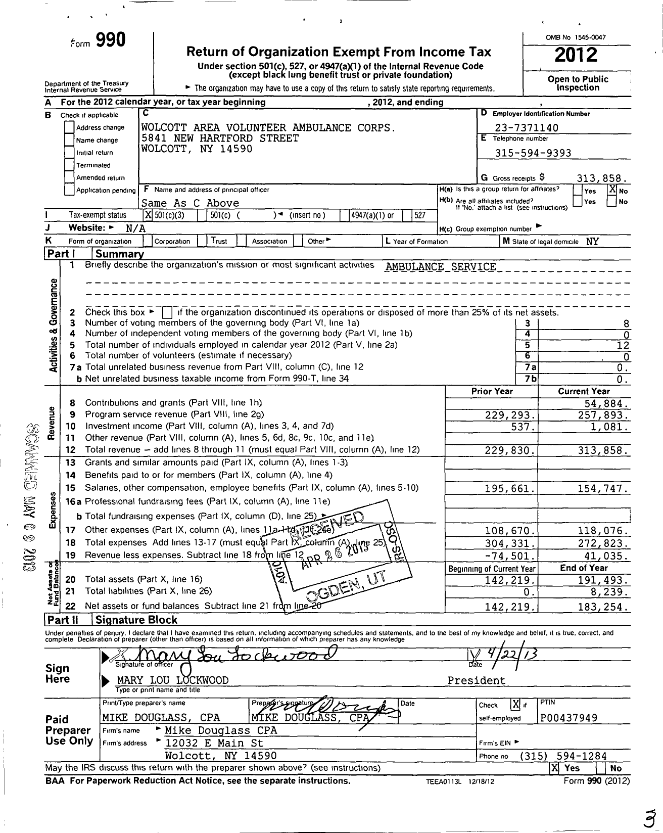 Image of first page of 2012 Form 990 for Wolcott Area Volunteer Ambulance Corps