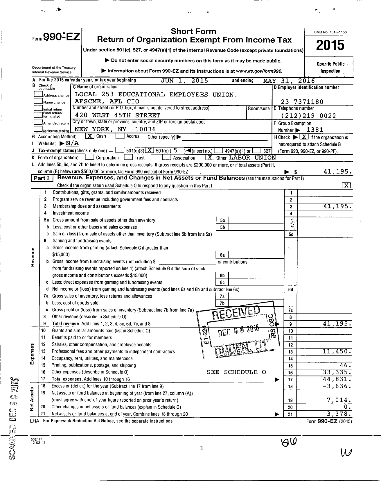 Image of first page of 2015 Form 990EO for American Federation of State County & Municipal Employees - 253 Ny Loc Teach-Related Organizatn