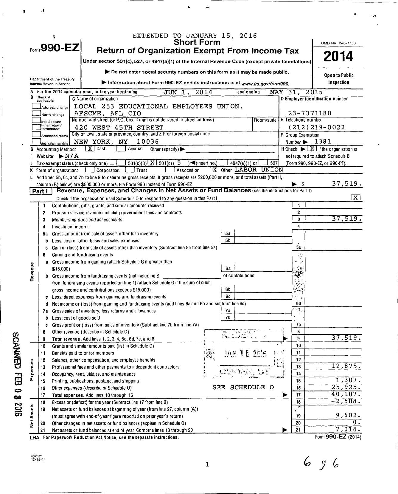 Image of first page of 2014 Form 990EO for American Federation of State County & Municipal Employees - 253 Ny Loc Teach-Related Organizatn