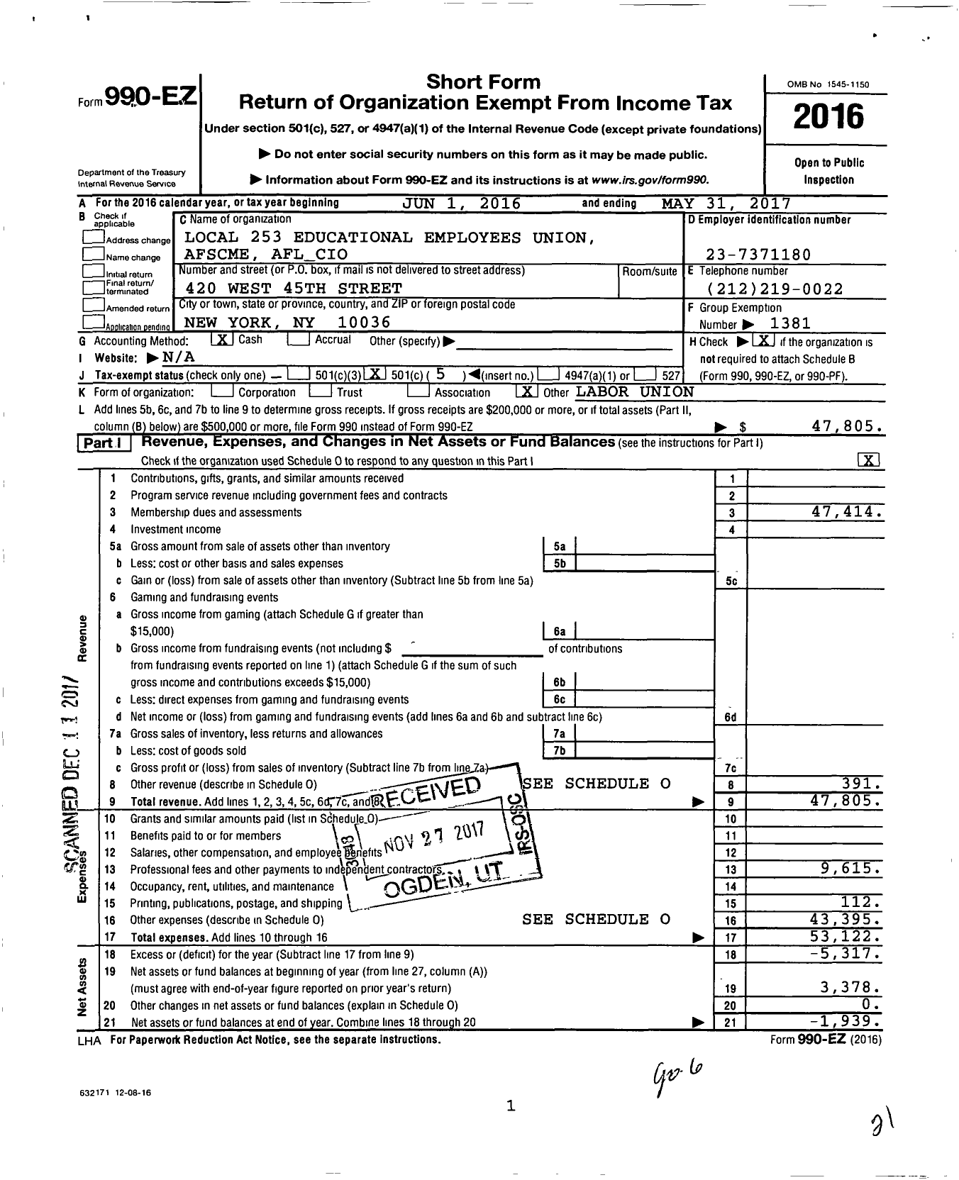 Image of first page of 2016 Form 990EO for American Federation of State County & Municipal Employees - 253 Ny Loc Teach-Related Organizatn