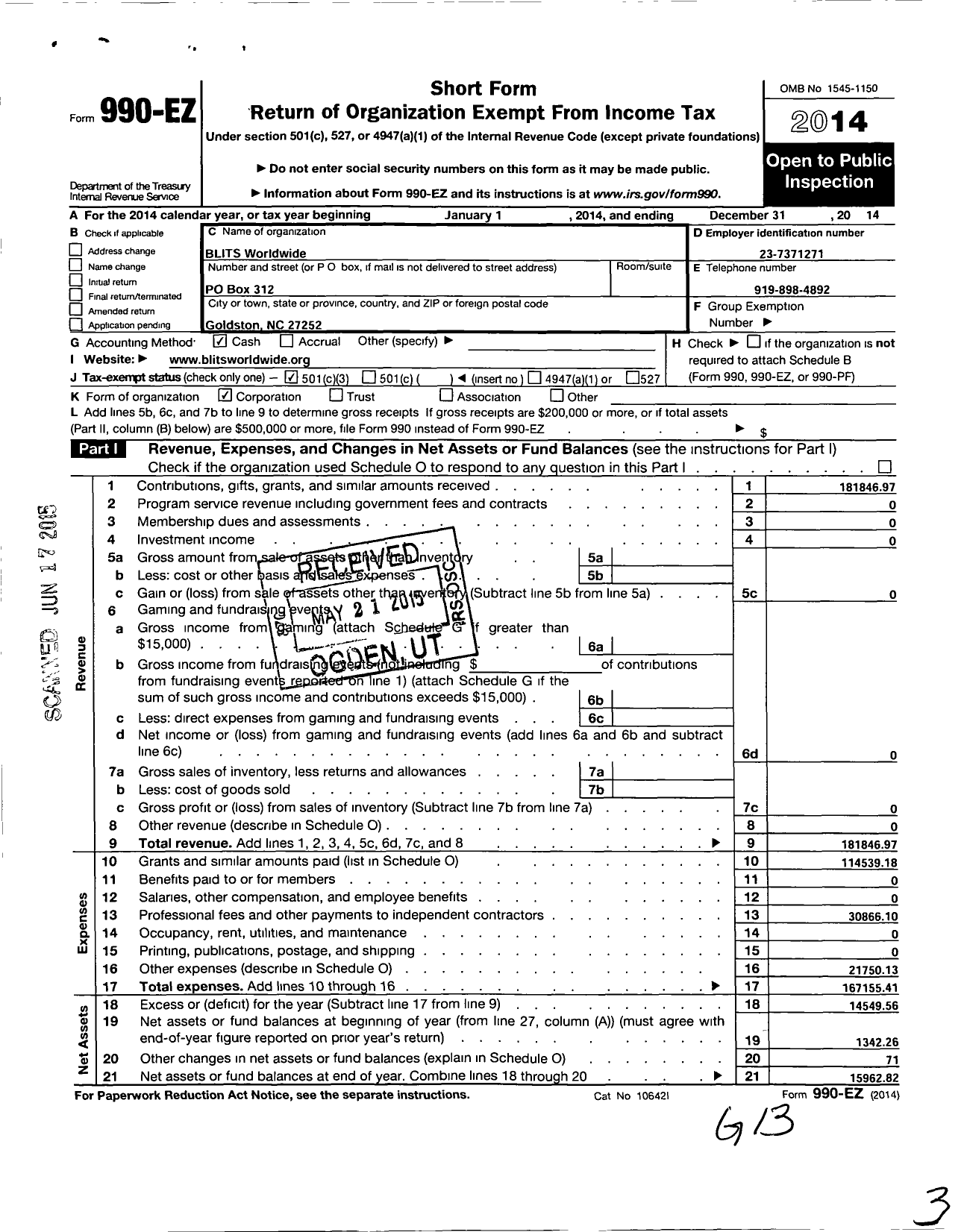 Image of first page of 2014 Form 990EZ for Blits Worldwide