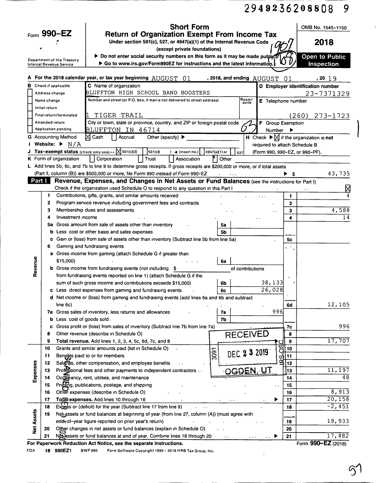 Image of first page of 2018 Form 990EZ for Bluffton High School Band Boosters