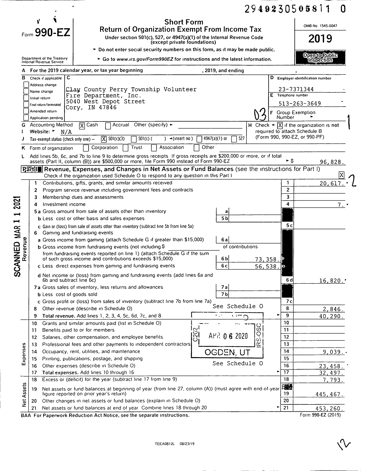 Image of first page of 2019 Form 990EZ for Clay County Perry Township Volunteer Fire Department