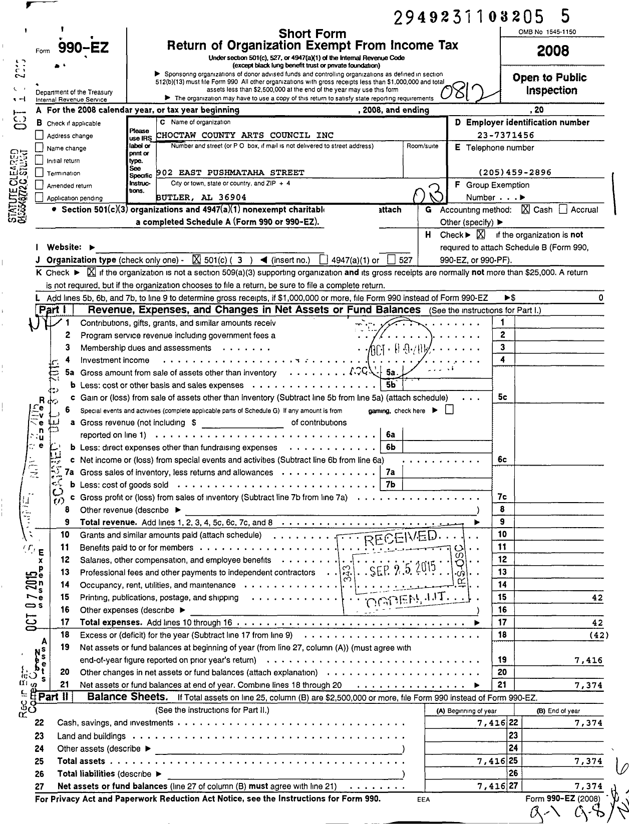 Image of first page of 2008 Form 990EZ for Choctaw County Arts Council