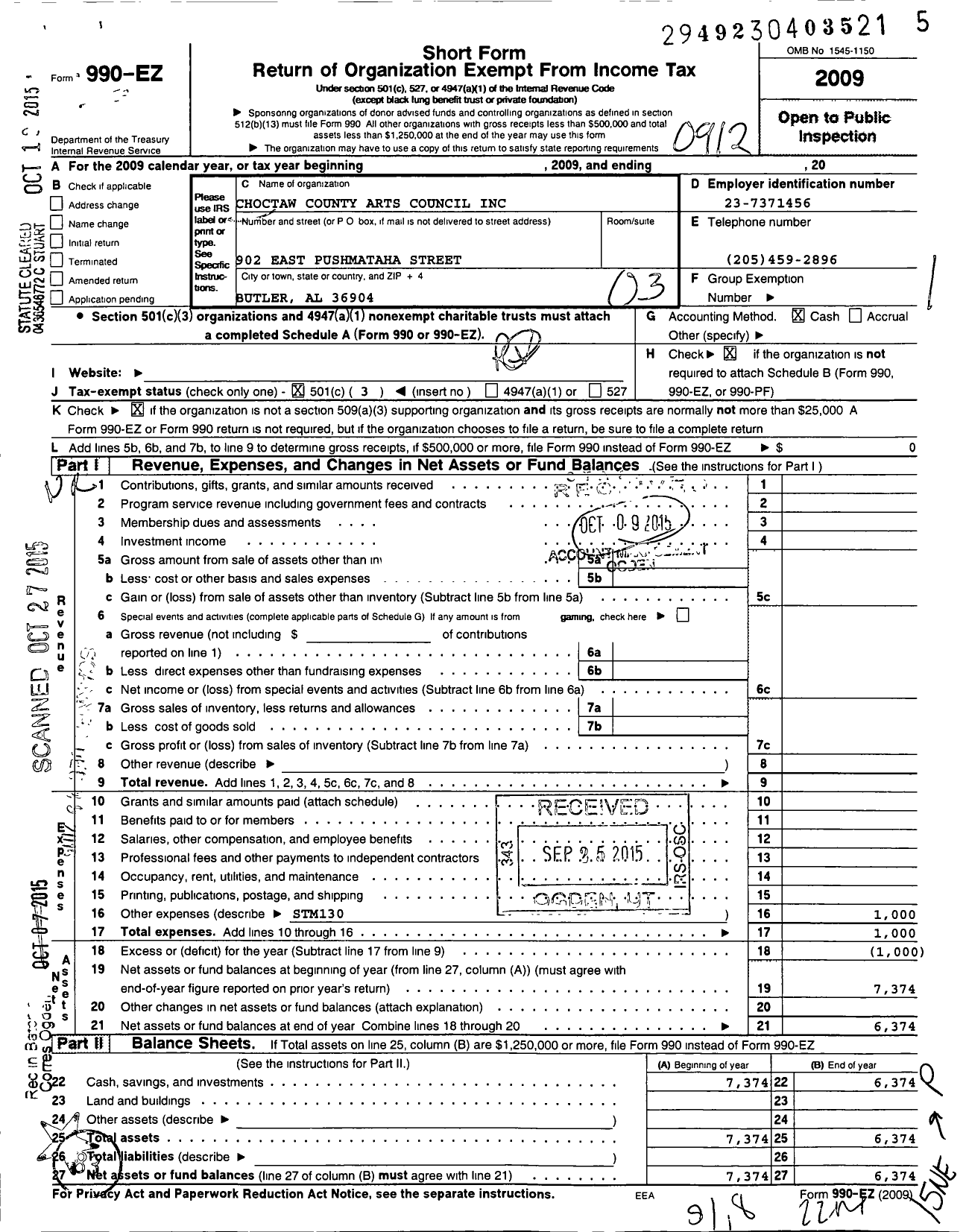 Image of first page of 2009 Form 990EZ for Choctaw County Arts Council