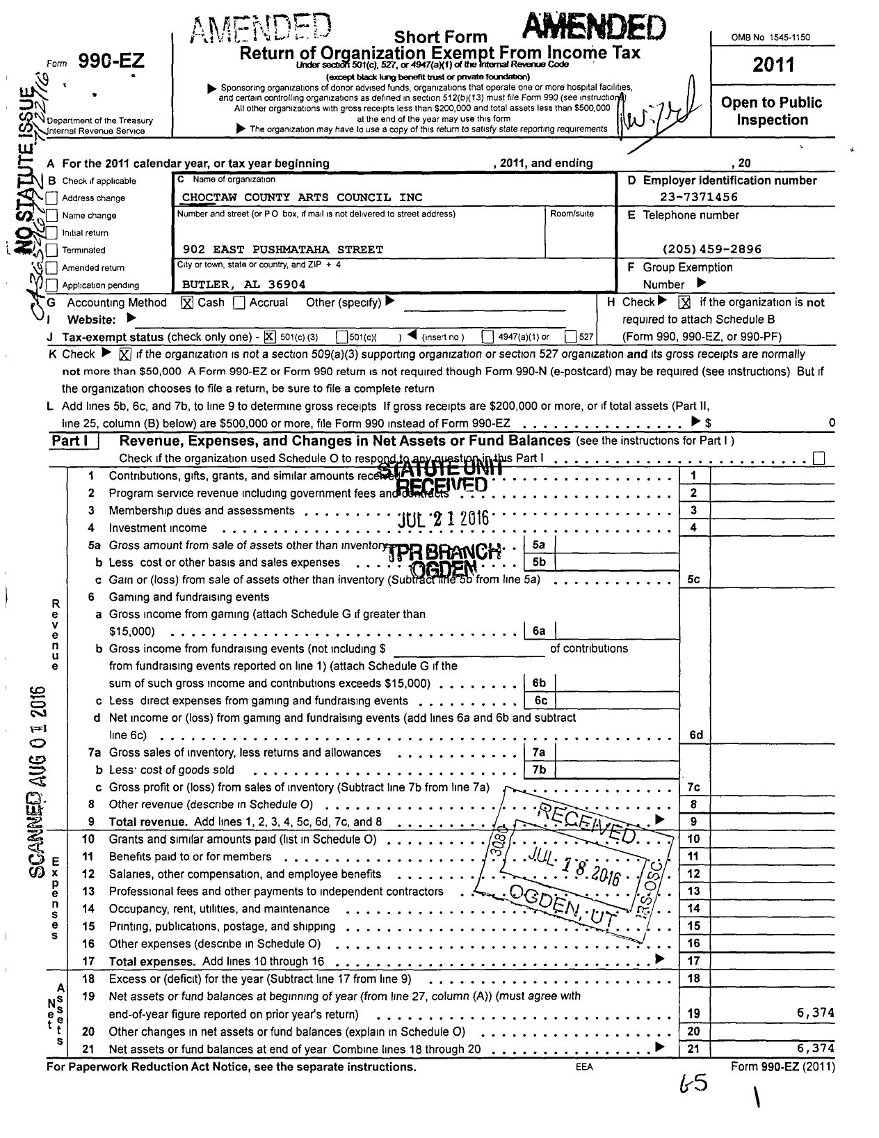 Image of first page of 2011 Form 990EZ for Choctaw County Arts Council