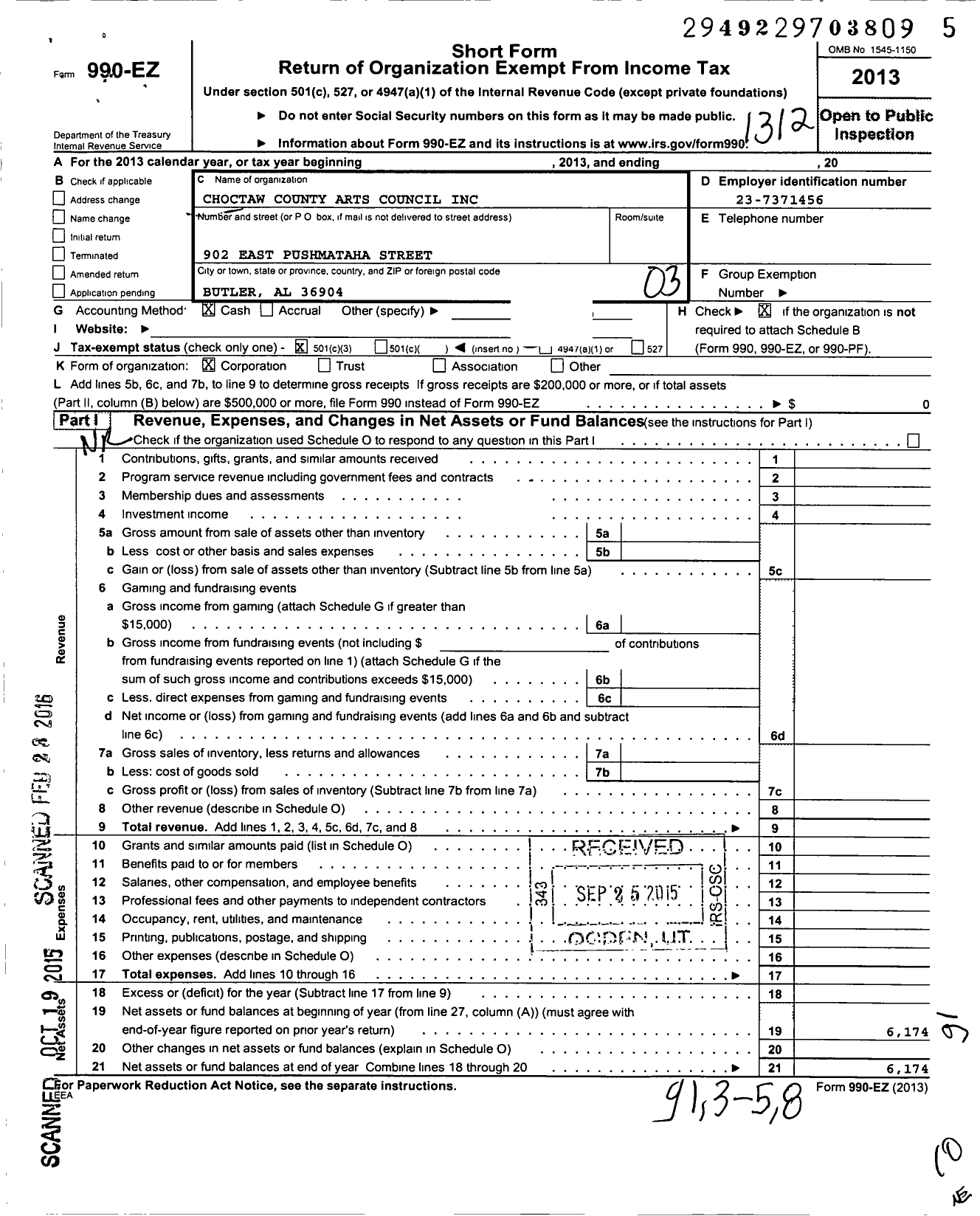 Image of first page of 2013 Form 990EZ for Choctaw County Arts Council