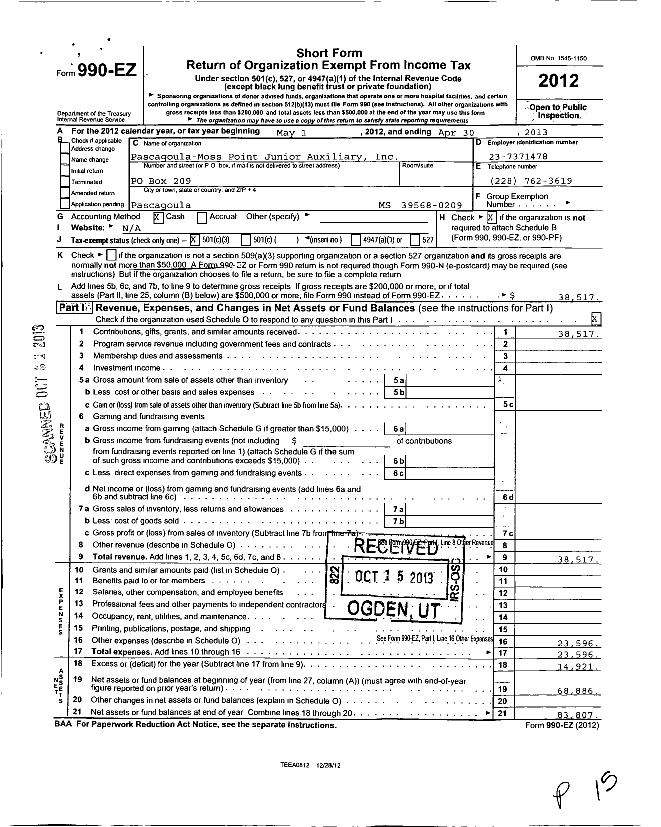 Image of first page of 2012 Form 990EZ for The Junior Auxiliary of Pascagoula- Moss Point