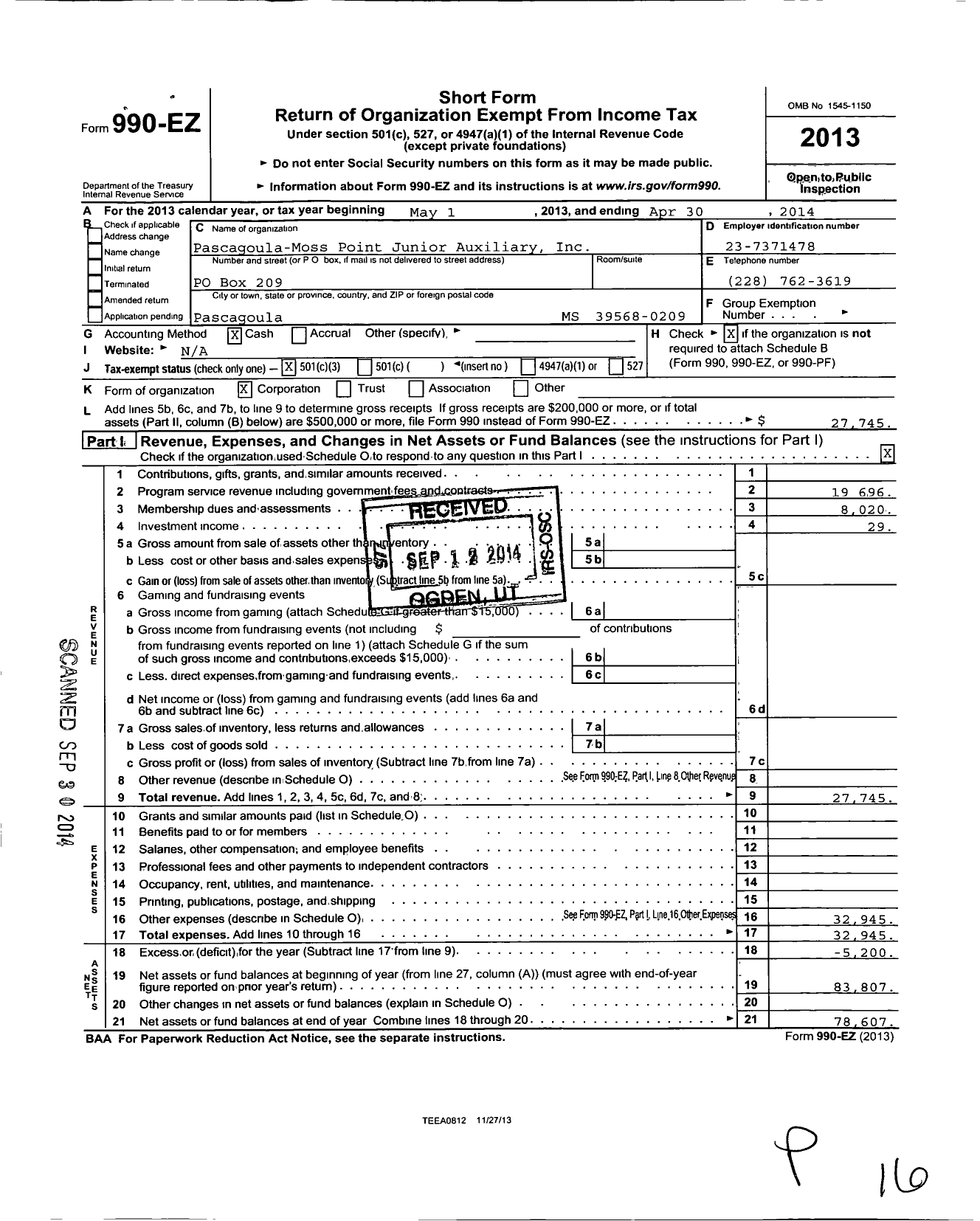 Image of first page of 2013 Form 990EZ for The Junior Auxiliary of Pascagoula- Moss Point