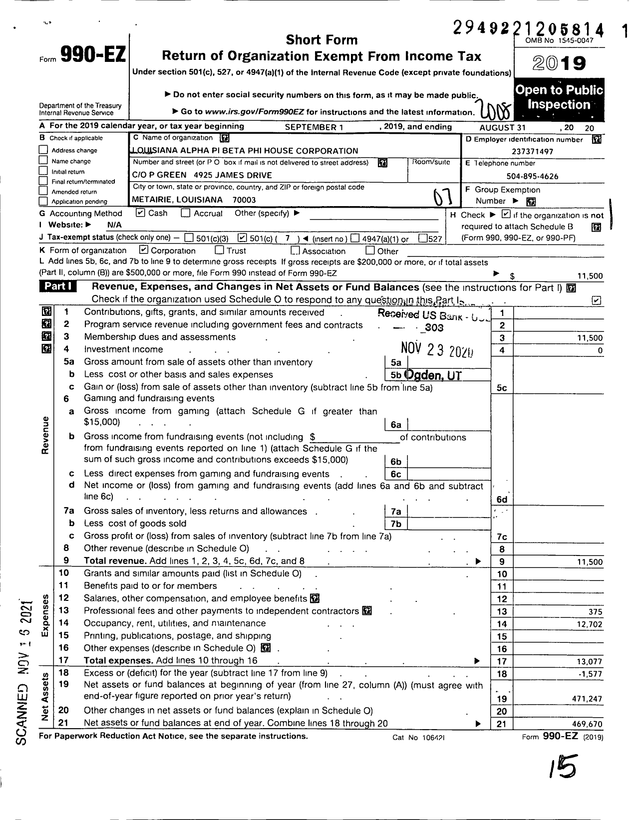 Image of first page of 2019 Form 990EO for Louisiana Alpha Pi Beta Phi House Corporation