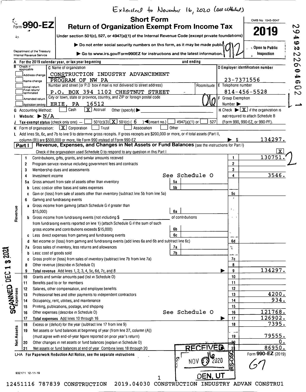 Image of first page of 2019 Form 990EO for Construction Industry Advancement Program of NW Pa