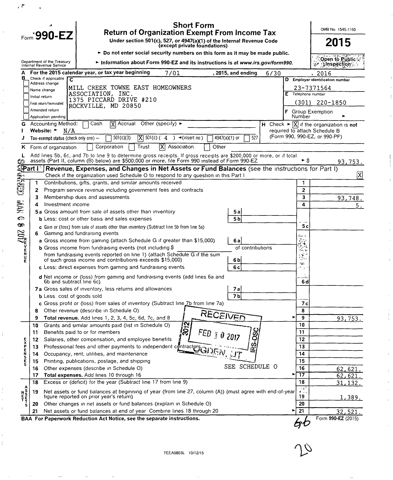 Image of first page of 2015 Form 990EO for Mill Creek Towne East Homeowners Association
