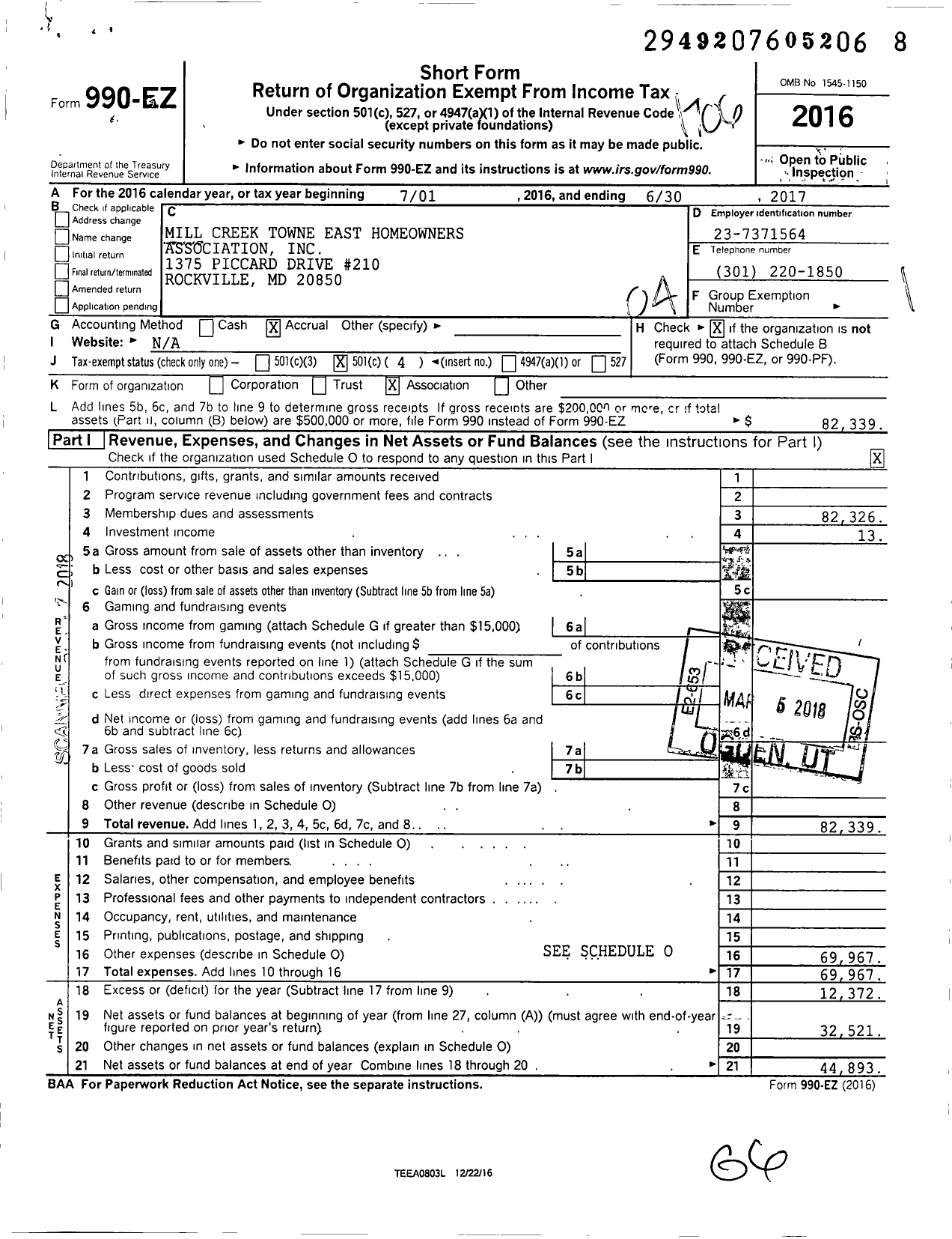 Image of first page of 2016 Form 990EO for Mill Creek Towne East Homeowners Association