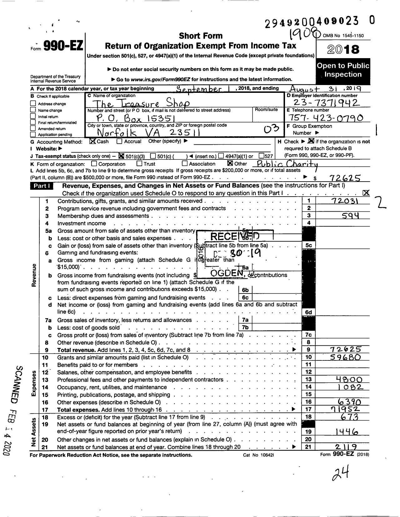 Image of first page of 2018 Form 990EZ for Treasure Shop