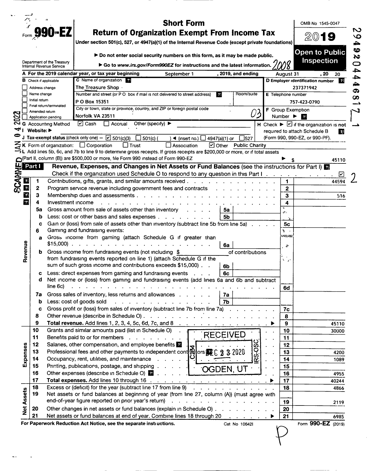 Image of first page of 2019 Form 990EZ for Treasure Shop