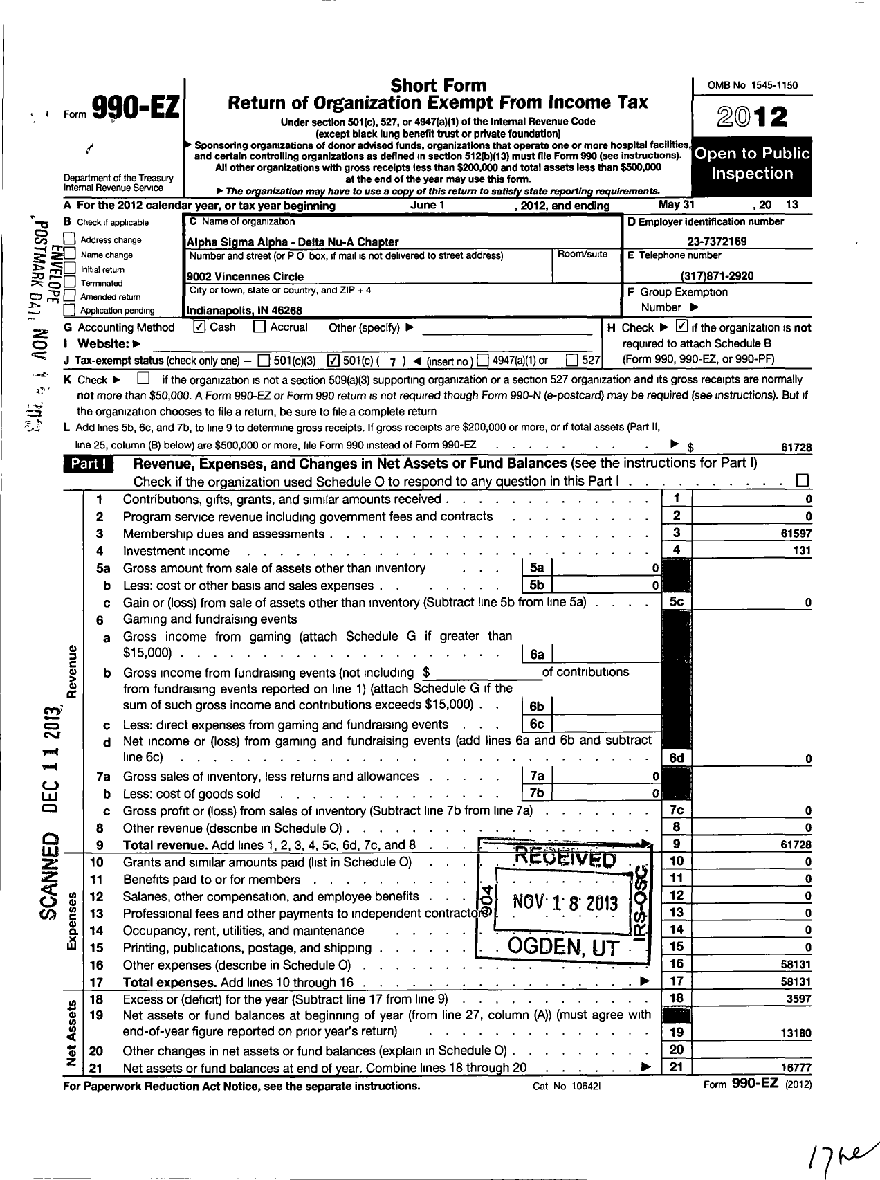 Image of first page of 2012 Form 990EO for Alpha Sigma Alpha Sorority / Delta Nu-A Chapter