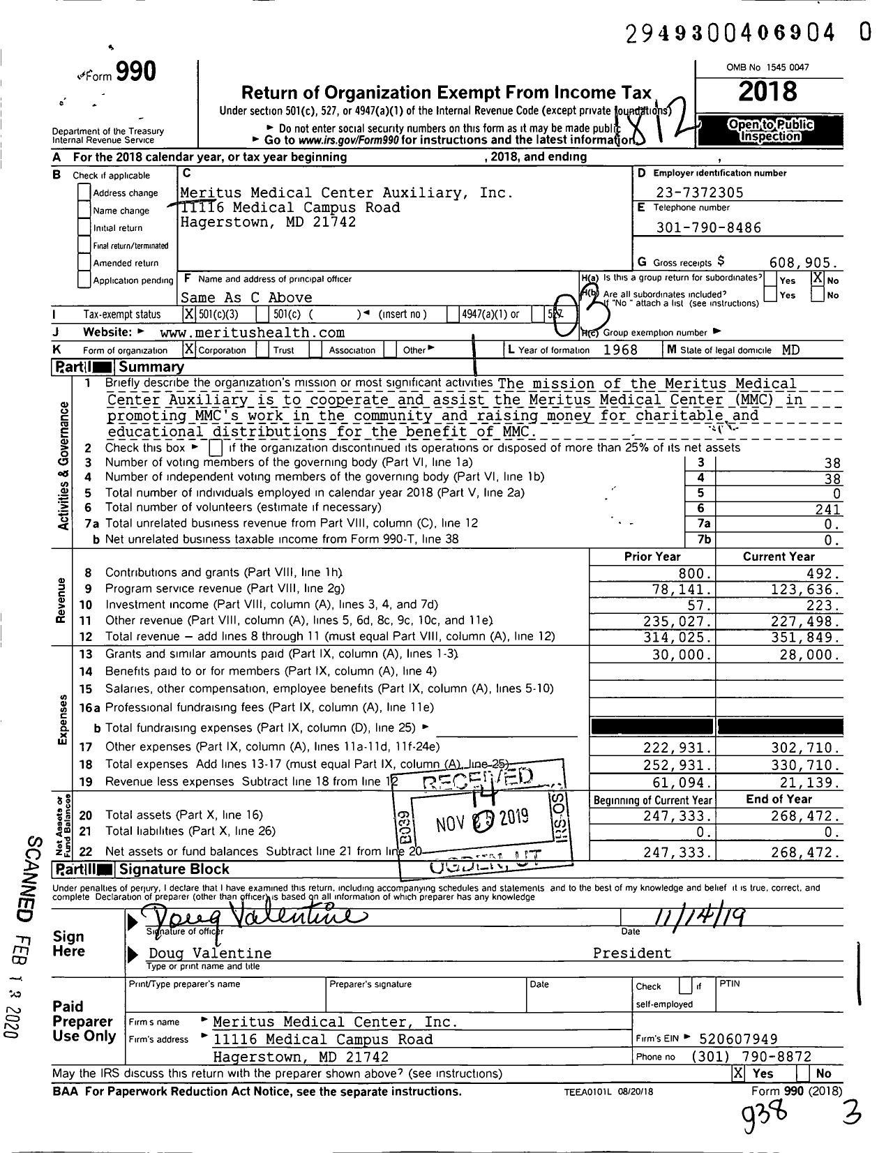 Image of first page of 2018 Form 990 for Meritus Medical Center Auxiliary