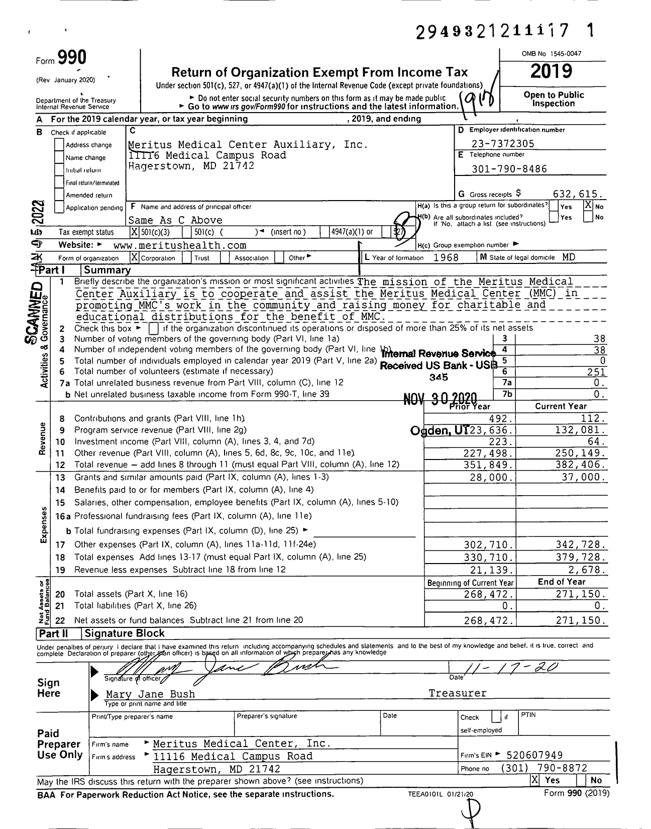 Image of first page of 2019 Form 990 for Meritus Medical Center Auxiliary