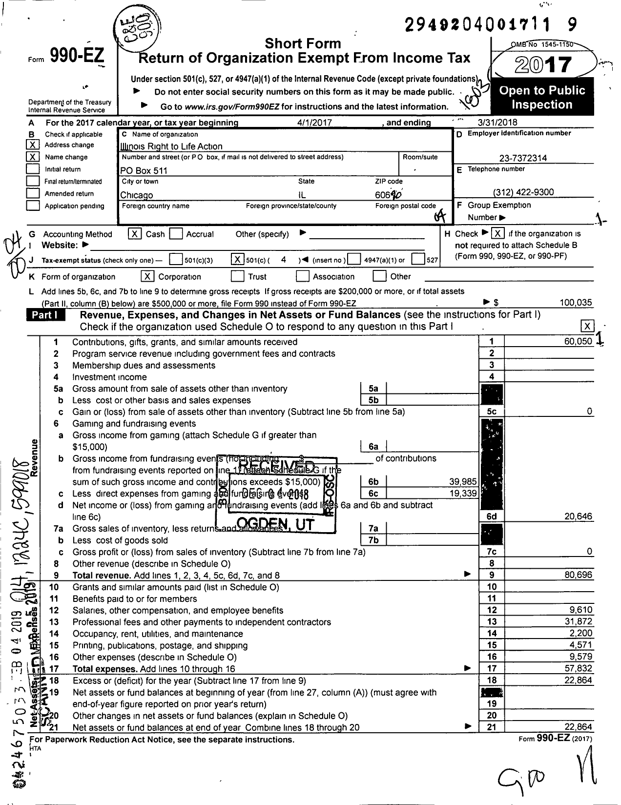 Image of first page of 2017 Form 990EO for Illinois Right to Life Action