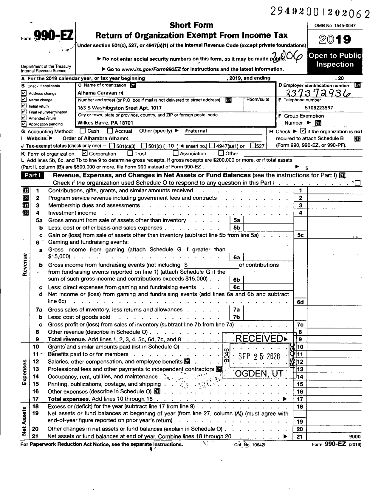 Image of first page of 2019 Form 990EO for Order of the Alhambra - 4 Alhamar Caravan