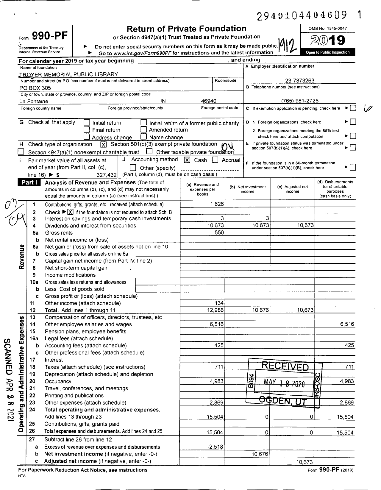 Image of first page of 2019 Form 990PF for Troyer Memorial Public Library