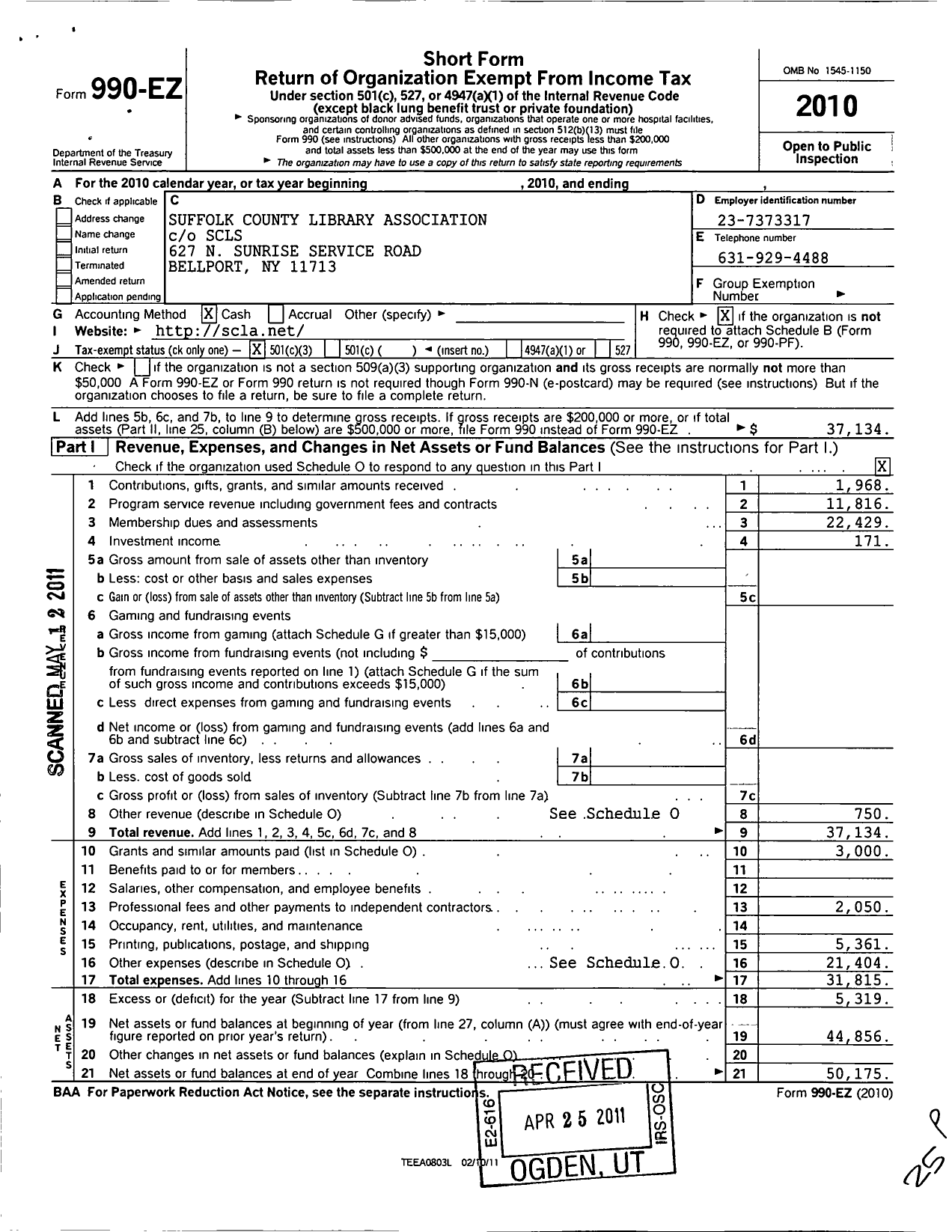 Image of first page of 2010 Form 990EZ for Suffolk County Library Association