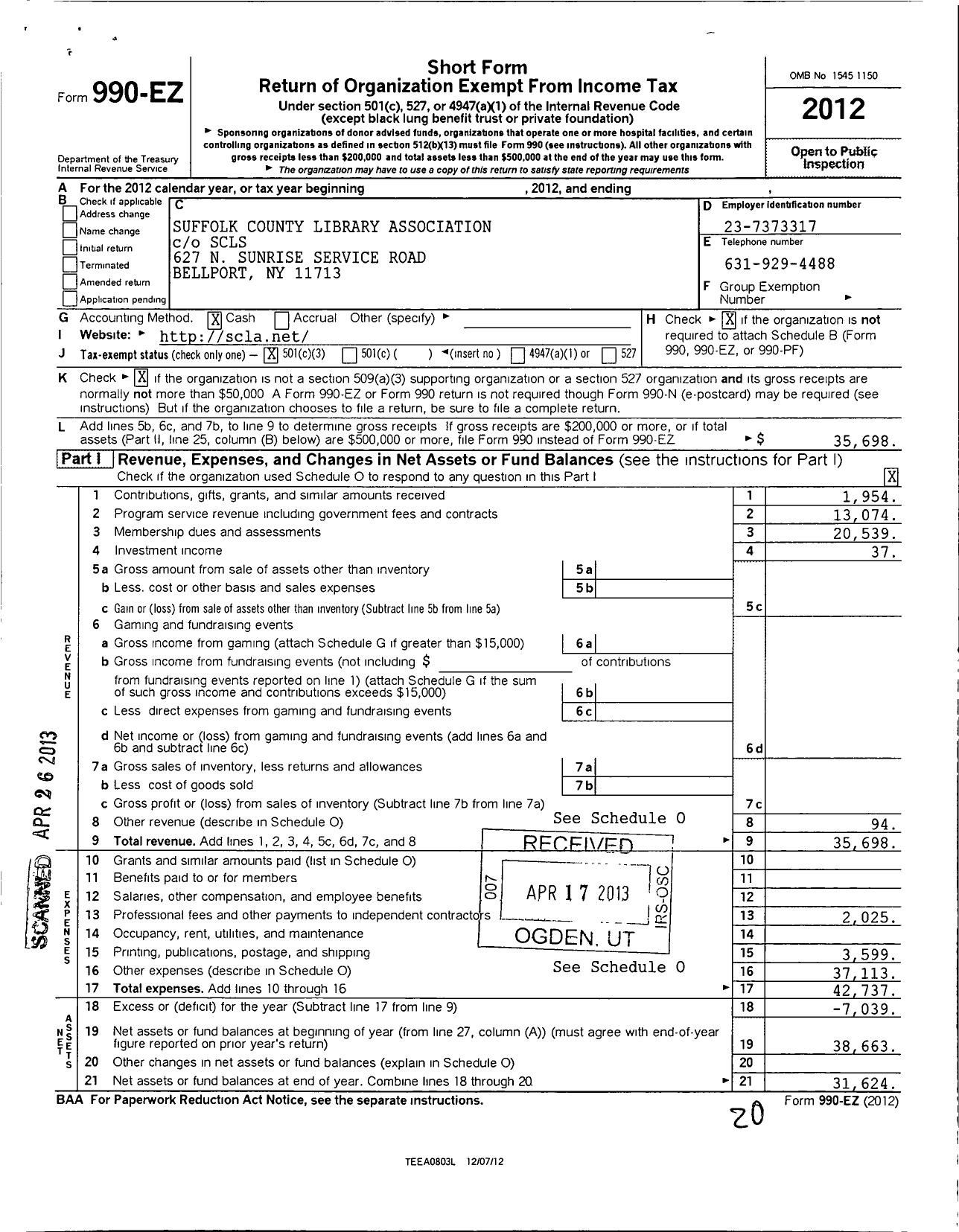 Image of first page of 2012 Form 990EZ for Suffolk County Library Association