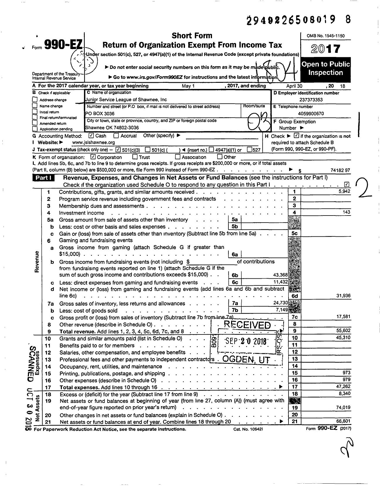 Image of first page of 2017 Form 990EZ for Junior Service League of Shawnee