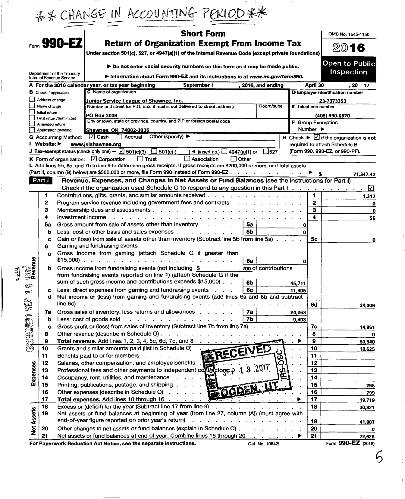 Image of first page of 2016 Form 990EZ for Junior Service League of Shawnee