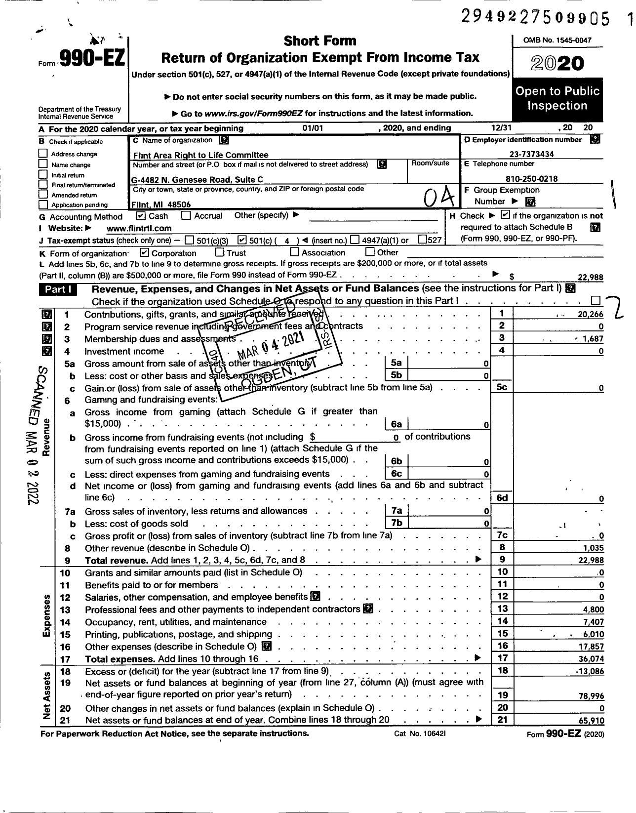 Image of first page of 2020 Form 990EO for Flint Area Right To Life Committee