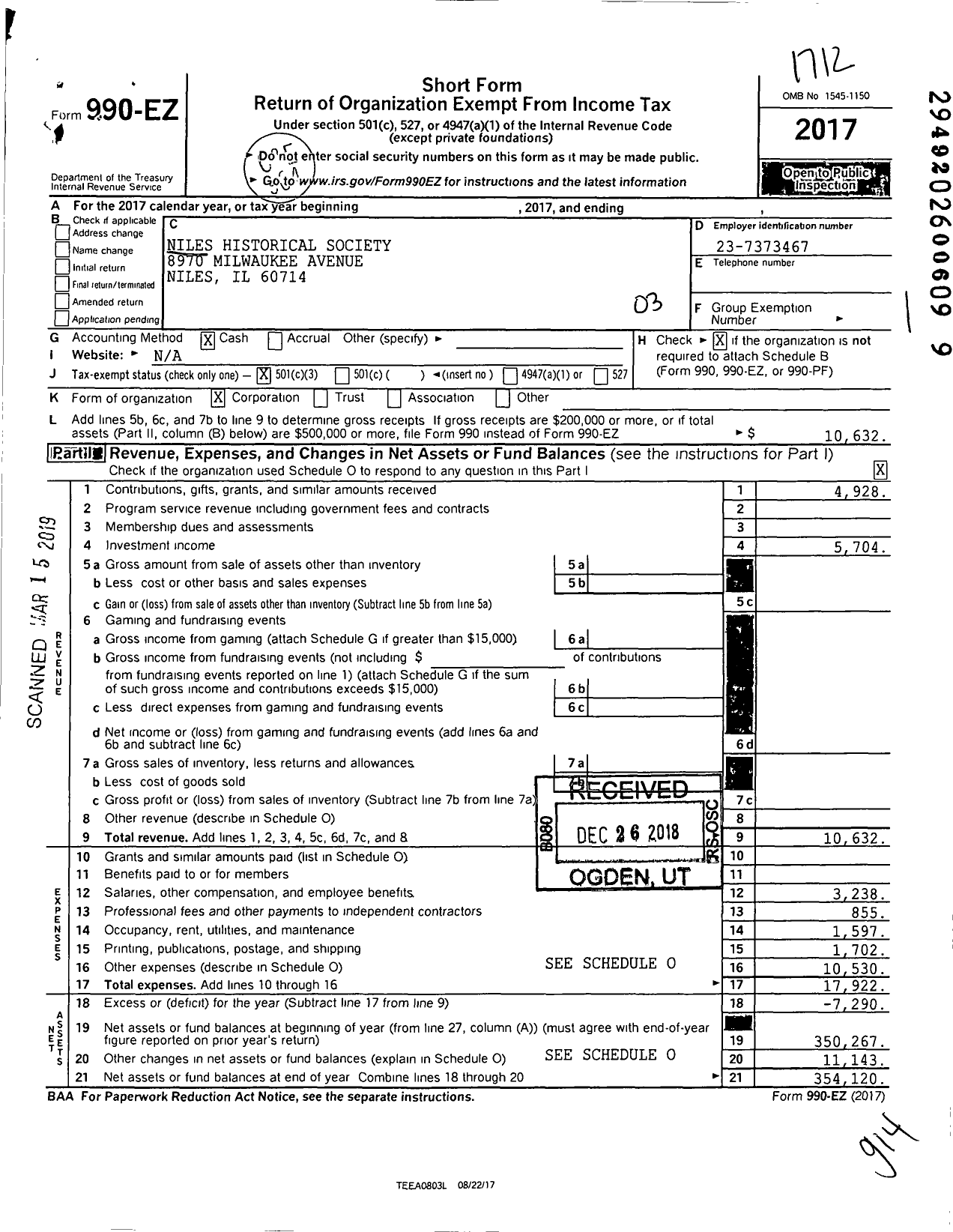 Image of first page of 2017 Form 990EZ for Niles Historical Society