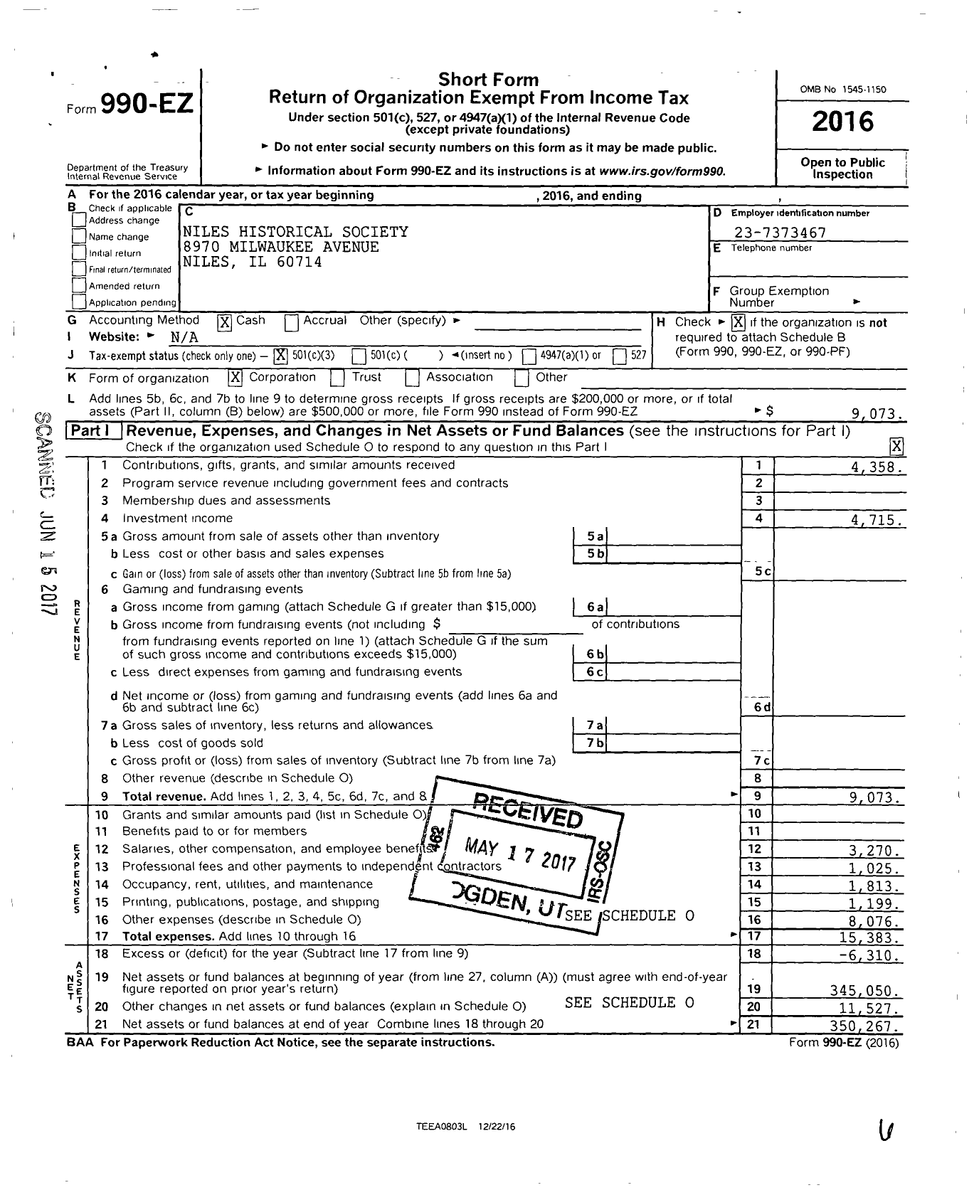 Image of first page of 2016 Form 990EZ for Niles Historical Society