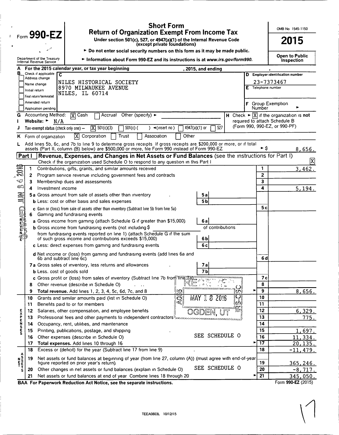 Image of first page of 2015 Form 990EZ for Niles Historical Society