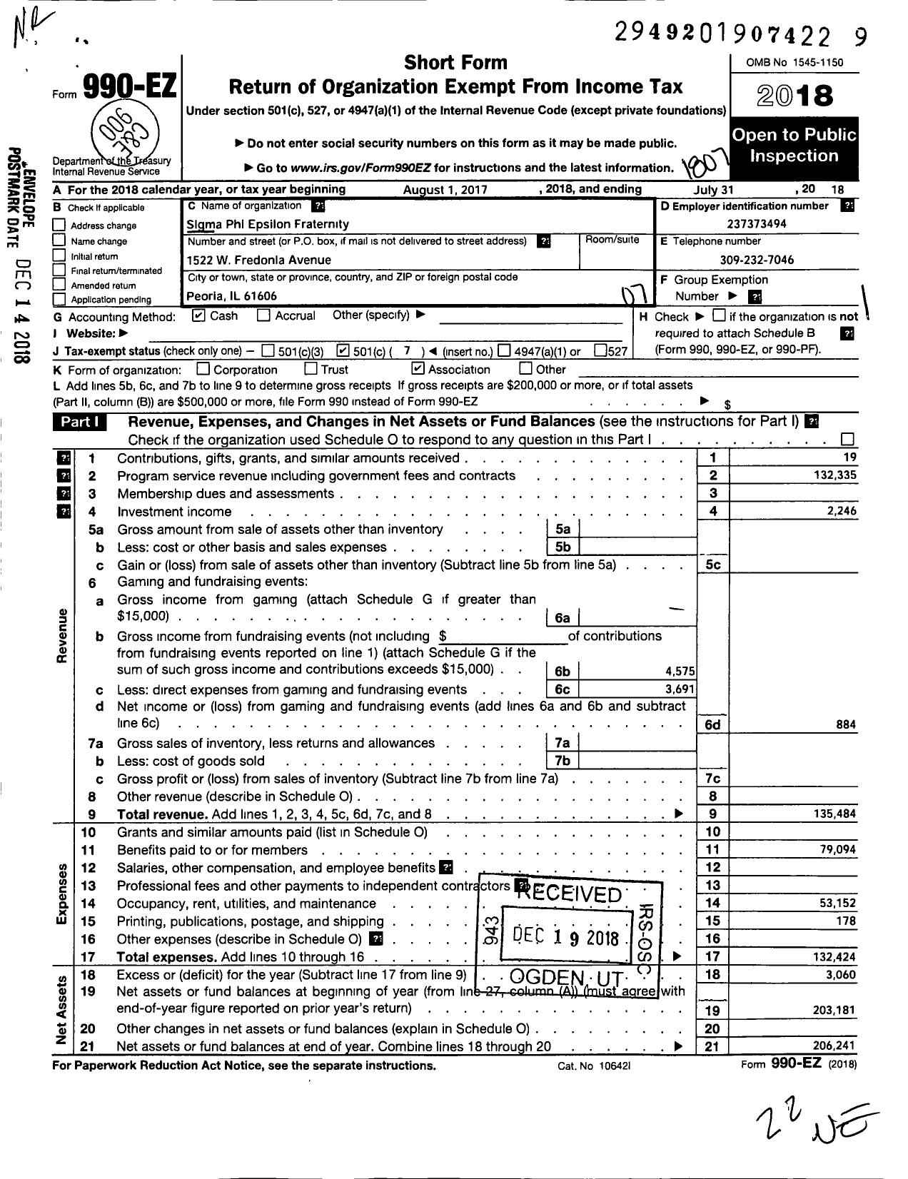 Image of first page of 2017 Form 990EO for Sigma Phi Epsilon Fraternity House Association