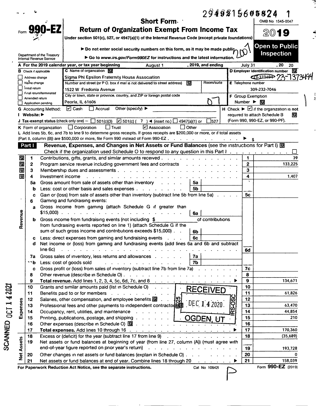 Image of first page of 2019 Form 990EO for Sigma Phi Epsilon Fraternity House Association