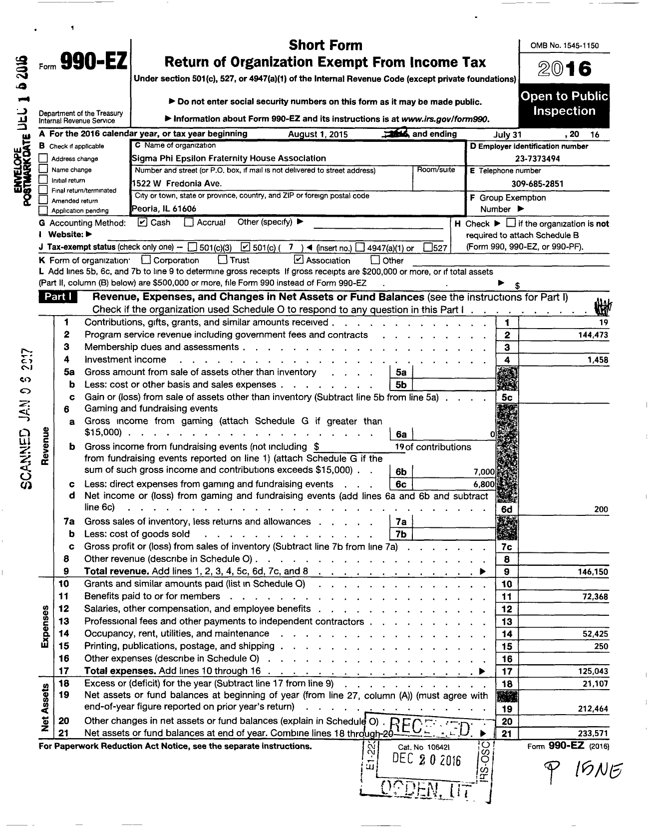 Image of first page of 2015 Form 990EO for Sigma Phi Epsilon Fraternity House Association