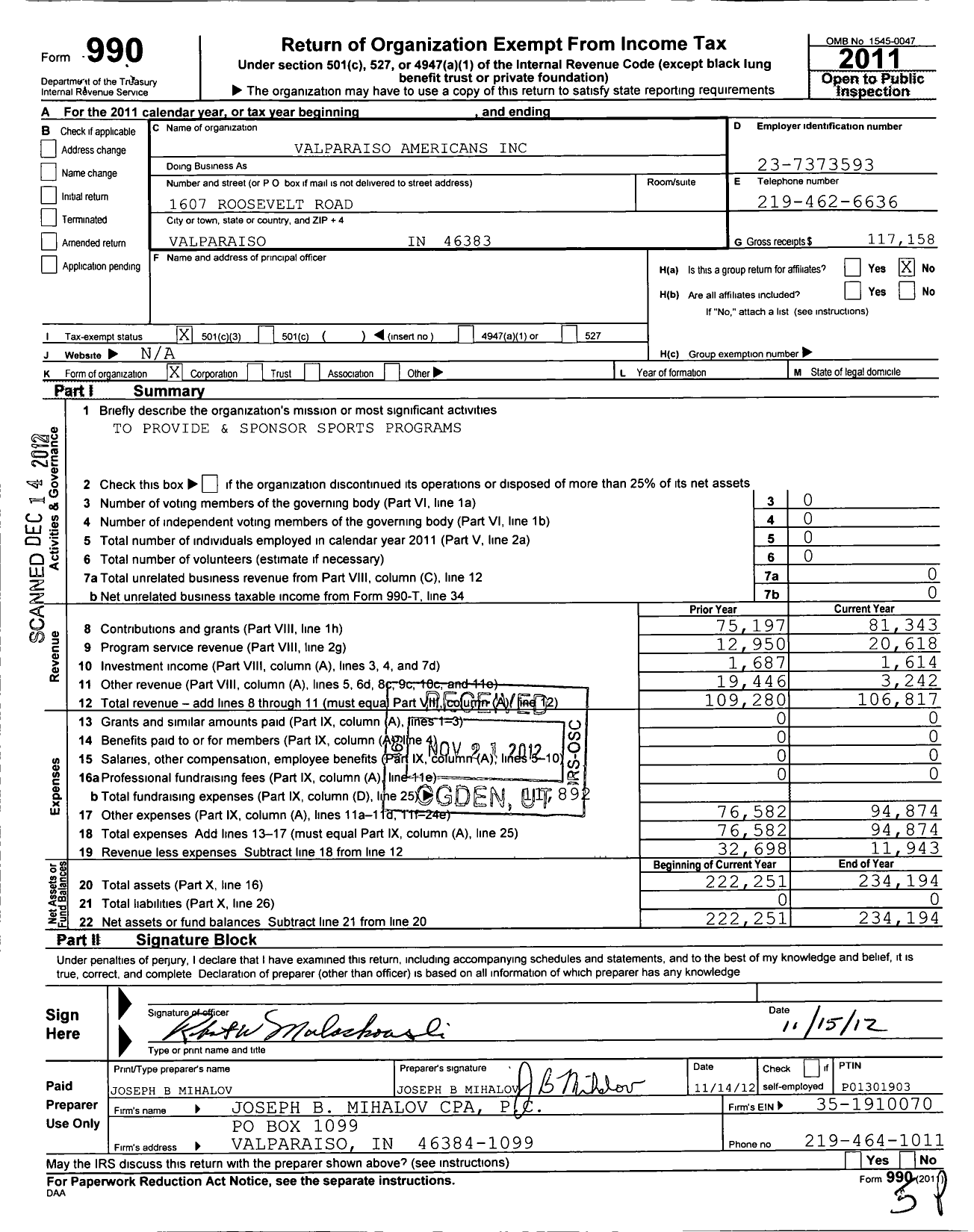 Image of first page of 2011 Form 990 for Valparaiso Americans