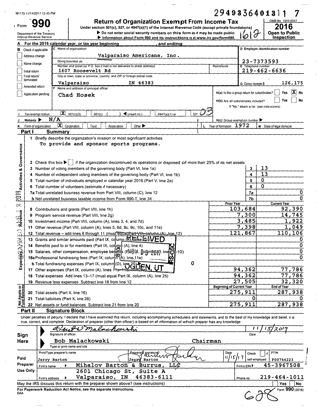 Image of first page of 2016 Form 990 for Valparaiso Americans