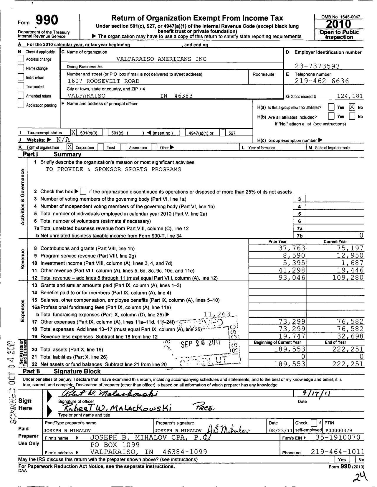 Image of first page of 2010 Form 990 for Valparaiso Americans