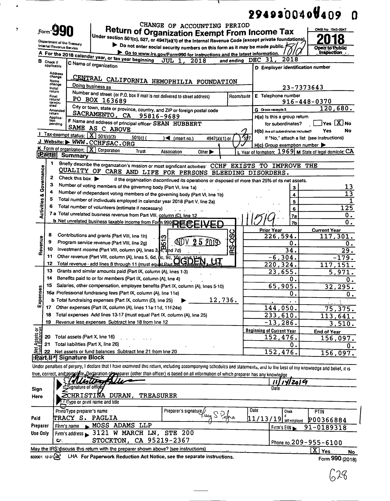 Image of first page of 2018 Form 990 for Central California Hemophilia Foundation